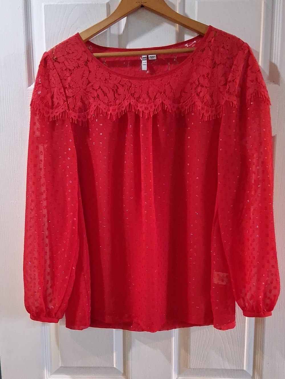 Elle Red Lace Yoke Sheer Dot Blouse
